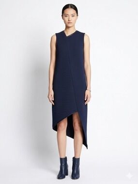 ANTHROPOLOGIE SID NEIGUM 100% Cotton Navy Blue Quilted Dress Asymetric Hem Sz 2